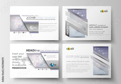 Set of business templates for presentation slides. Easy editable abstract layouts in flat design. Molecule structure on blue background. Science, healthcare, medical vector.