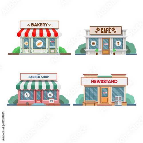 Flower shop, laundry, barber , bakery, newsstand, cafe facade in the town.