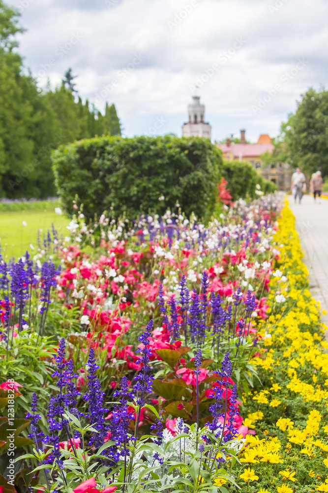 background landscape view of the bright colorful garden and a new castle in Sigulda, near Riga, Latvia background landscape view of the bright colorful garden and a new castle in Sigulda, near Riga, Latvia