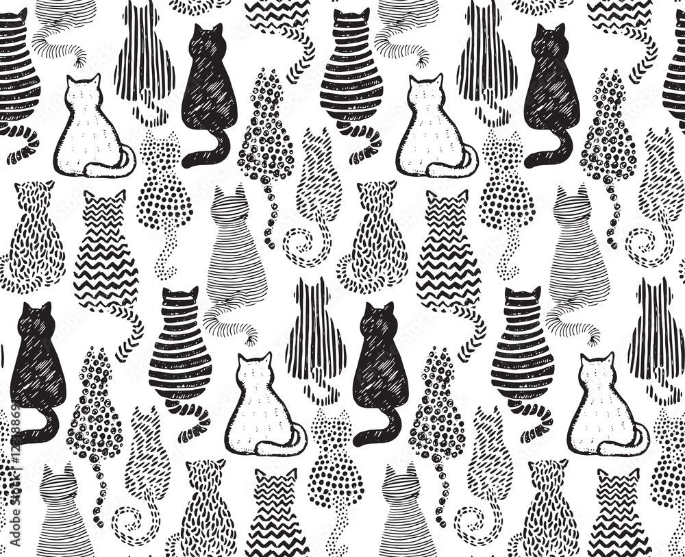 Fototapeta premium Vector seamless pattern with hand draw textured cats