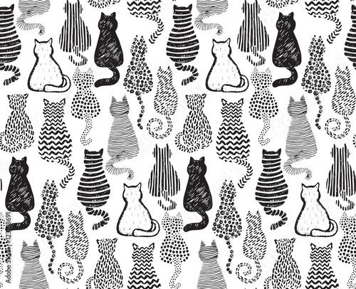 Vector seamless pattern with hand draw textured cats