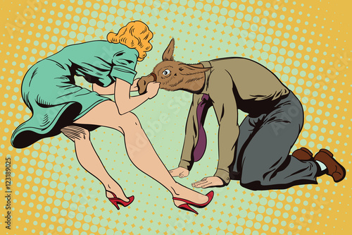 People in retro style. Woman pulls a stubborn man donkey.