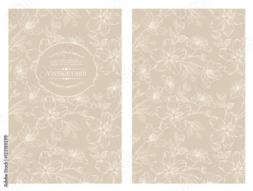 Avesome design for you personal cover. Spring sakura flowers. Floral theme for book cover. Flower texture illustration in style of engraving. Vector illustration.