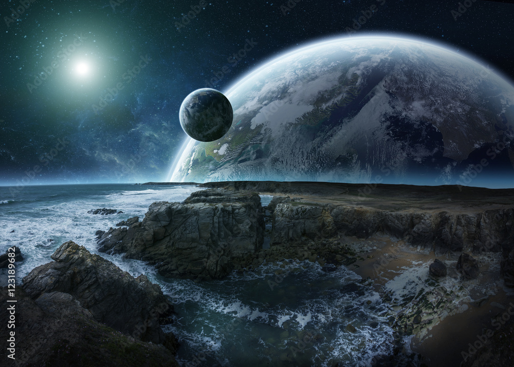 Naklejka premium View of distant planet system from cliffs 3D rendering elements