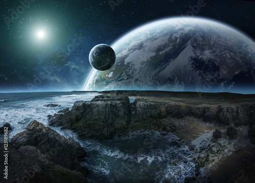 Fototapeta Naklejka Na Ścianę i Meble -  View of distant planet system from cliffs 3D rendering elements