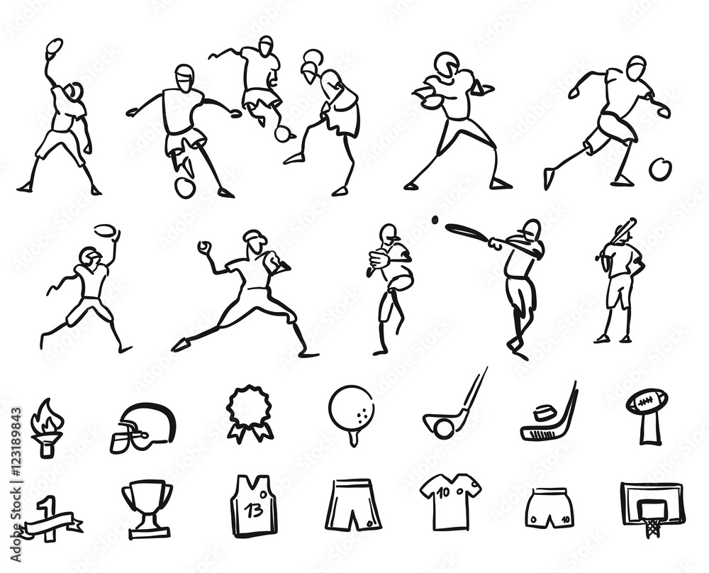 Football, Soccer and Baseballplayer Sketched Motion Doodle Set Football, Soccer and Baseballplayer Sketched Motion Doodle Set