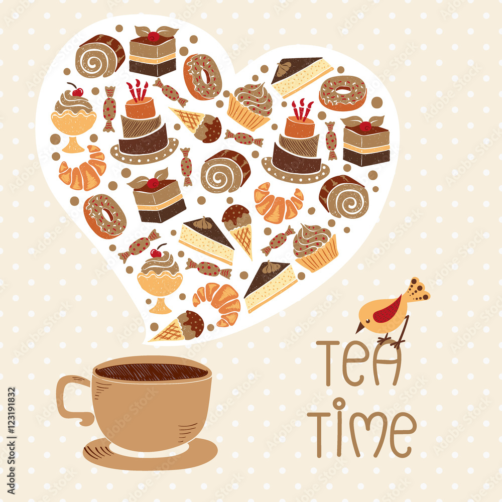 Tea time vector illustration with hand drawn cup of tea and different sweets. 