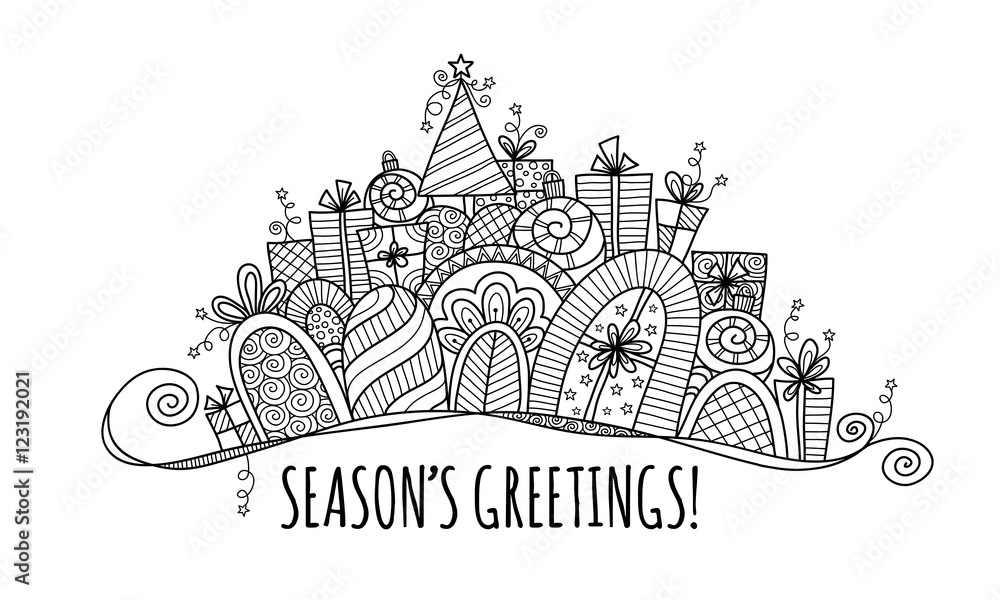 Season's Greetings Modern Christmas Banner doodle vector illustration with the words season's greetings under a banner of presents, baubles, a christmas tree, swirls and stars.
