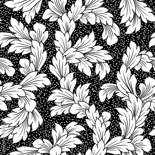 seamless baroque leaves black floral background