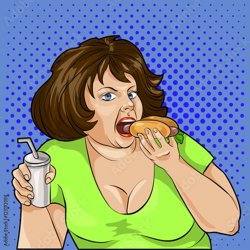 pop art fat woman eating a hamburger and drinks.