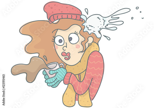 Funny vector cartoon of woman being hit by snowball. Woman in winter clothing with coffee cup spilling, shocked by snowball hit.