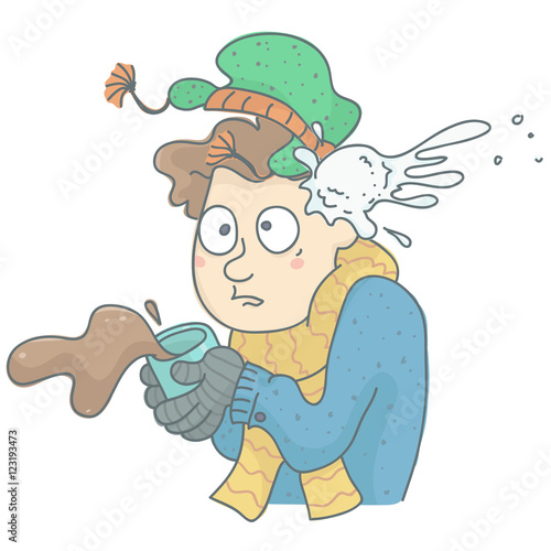 Humorous illustration of man being hit by snowball. Man in winter clothing with coffee cup spilling, shocked by snowball hit.