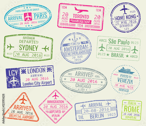 International travel visa passport stamps vector set