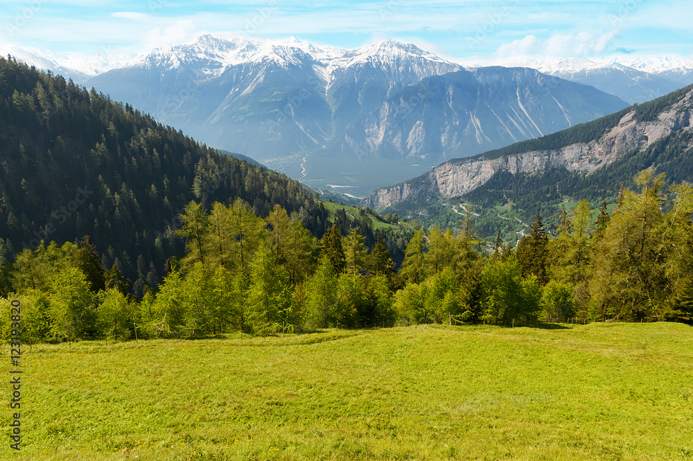 View from the commune Flaschen to mountain Schwarzhorn on Bernese Alps