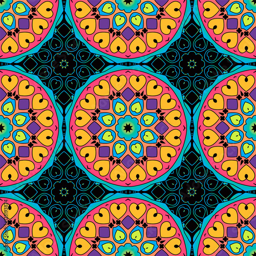 Seamless pattern with mandalas in beautiful bright colors. Vector background
