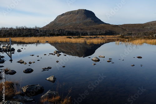 Autumn color on Kilpisjarvi and Saana Fell side of the lake. Finnish lapland landscape photo