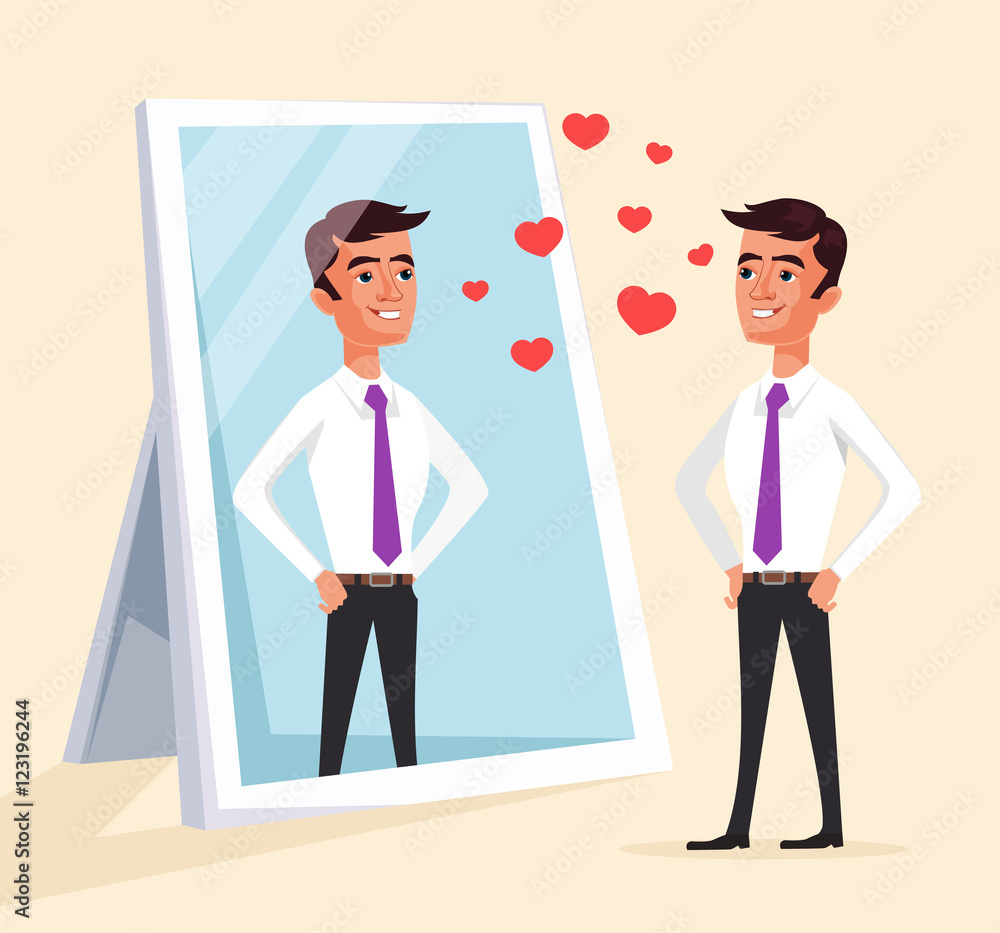 Narcissistic man character looks at mirror. Vector flat cartoon