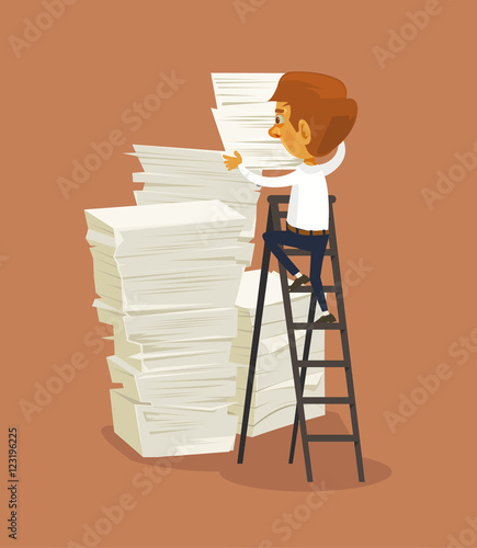 Businessman character and big stack of papers. Vector flat cartoon illustration