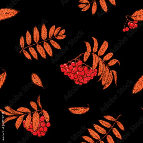 Autumn rowanberry leaves and berries. Detailed intricate hand drawing. Chaotic distribution of elements. Red on black seamless pattern. EPS10 vector illustration.