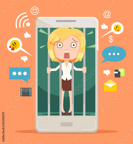 Office worker woman character hostage of modern technologies. Vector flat cartoon illustration