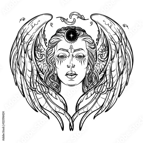 White Goddess. Universal deiety in most of the pagan religions worldwide. Symbol of the female element in nature. Hand drawn artwork. Religion, spirituality, wicca. EPS10 Isolated vector illustration.