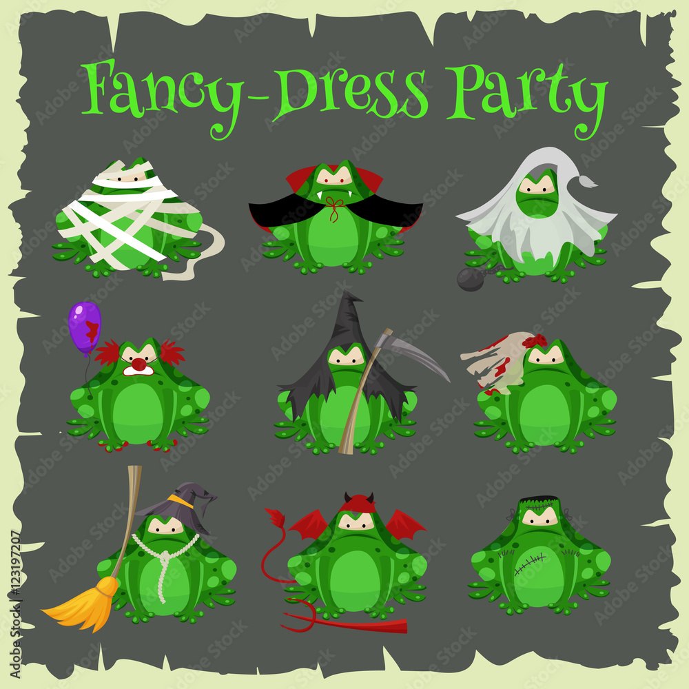 Fototapeta premium Halloween green toads fashion costume outfits. Cartoon style vector illustration isolated on white background