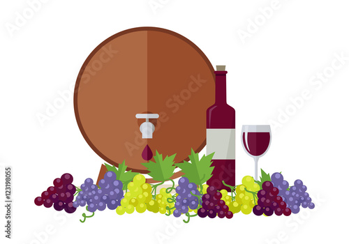 Wooden Barrel with Wine. Different Grapes Sorts .