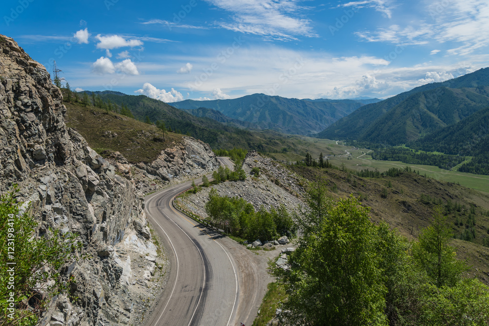 mountain valley forest sky road