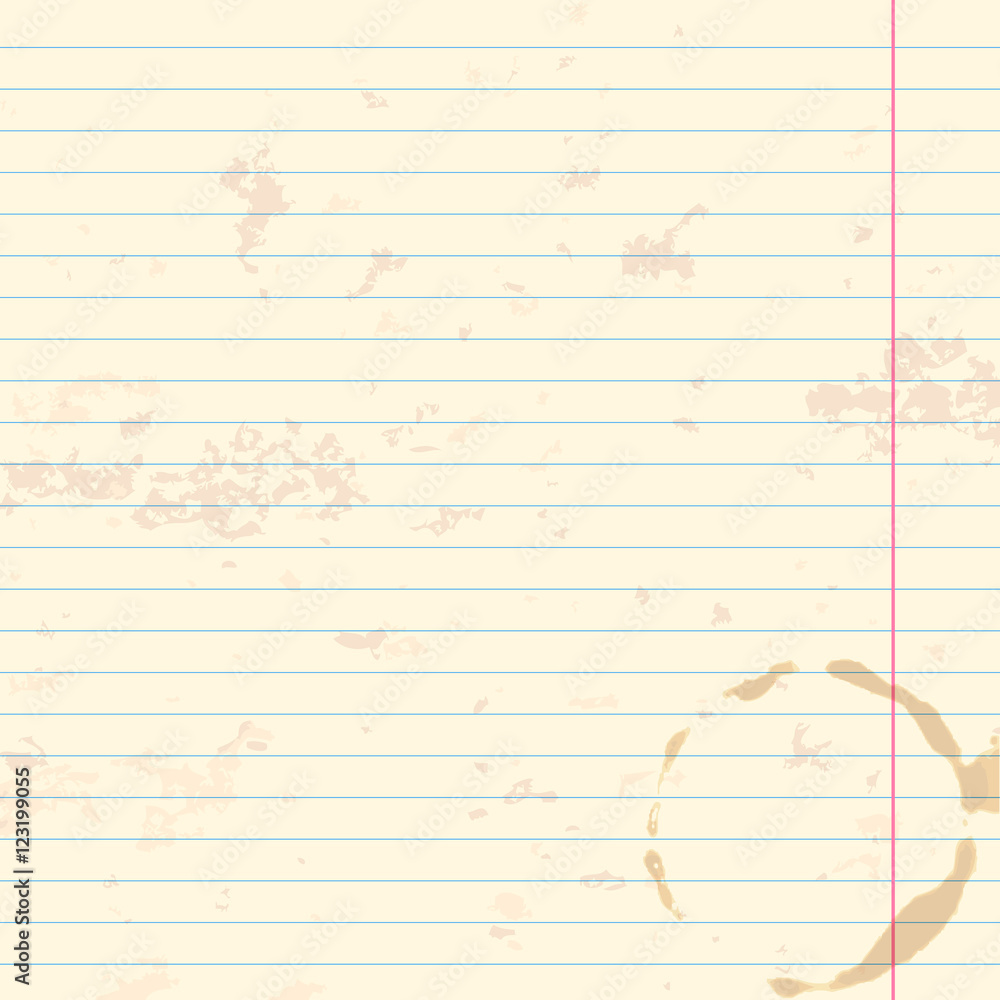 Worn writing-book lined paper background with coffee cup stain