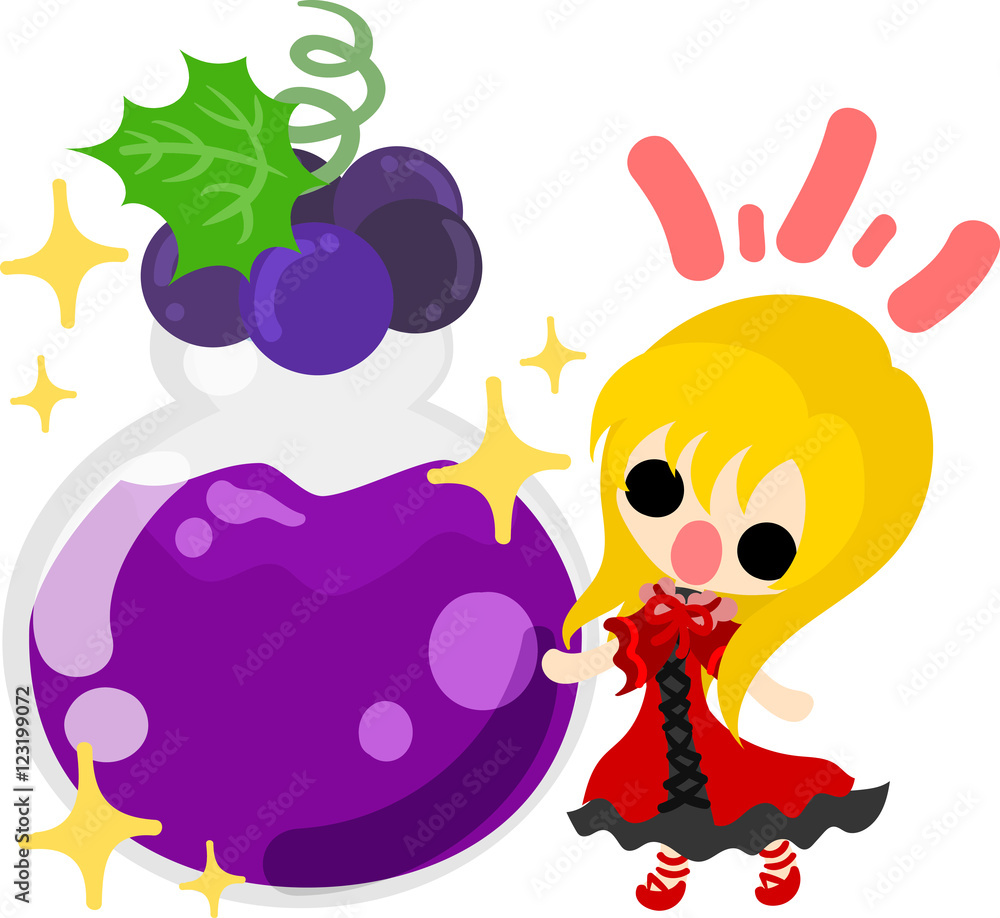 A cute illustration of a little girl and the jam of the grapes