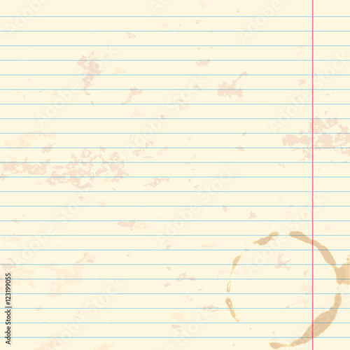 Worn writing-book lined paper background with coffee cup stain