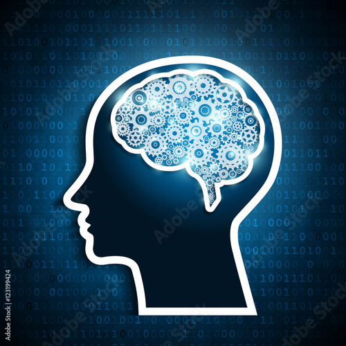 Human brain with set of gears on matrix number background Vector