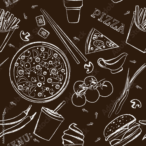 fast food, pizza, menu , drawing with chalk on a blackboard, pattern , vector