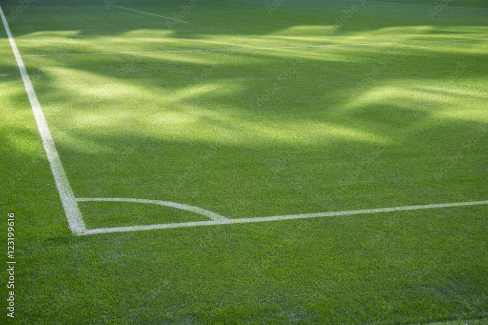 Football soccer field corner with white marks, green grass texture. Football soccer field corner with white marks, green grass texture.