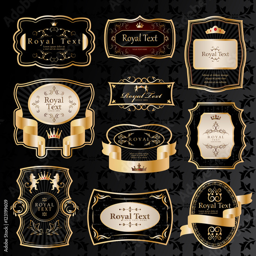 Golden Labels Set - Isolated On Black Background - Vector Illustration, Graphic Design. For Web,Websites,Print,Presentation Templates,Mobile Applications And Promotional Materials