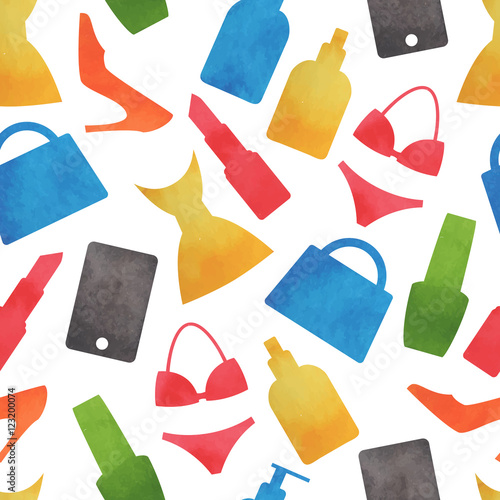 Seamless watercolor pattern of women fashion icons. Vector illustration.