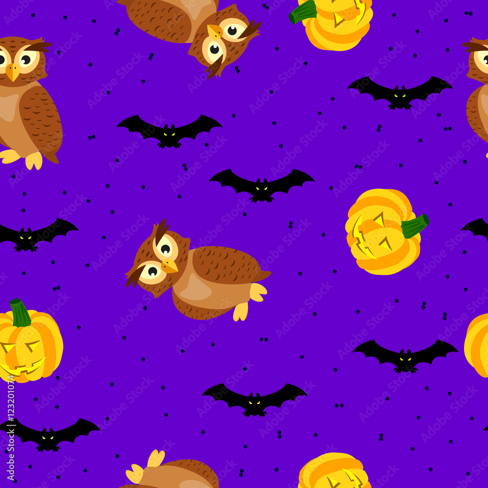 Seamless halloween pattern with pumpkin, bat and owls on violet background with dark blue dots