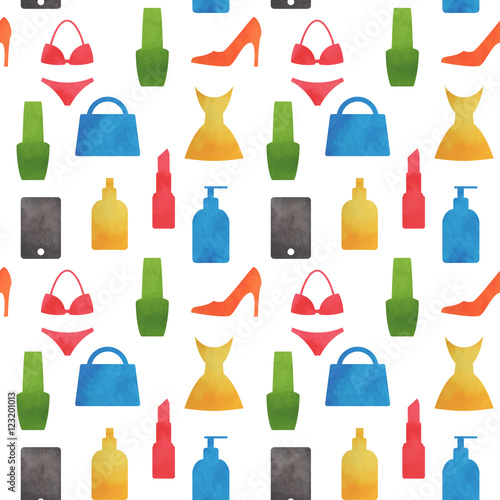 Seamless watercolor pattern of women fashion icons. Vector illustration.