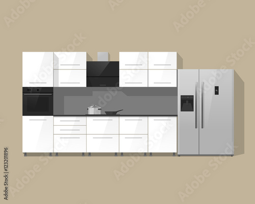 Kitchen furniture cabinets vector illustration isolated on color background, white kitchen interior with black oven, stove and silver fridge from view plan