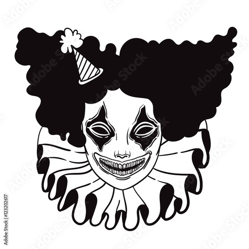 vector poster with an evil clown. linear illustration of Halloween. scary clown maniac of horror