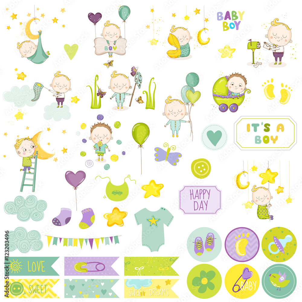 Fototapeta premium Baby Boy Scrapbook Set. Vector Scrapbooking. Decorative Elements