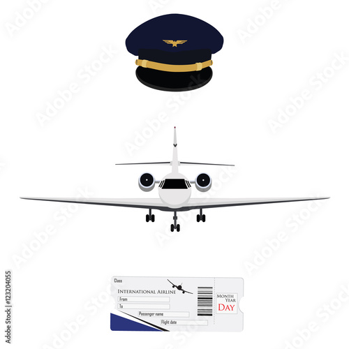 Airplane, ticket and pilot cap