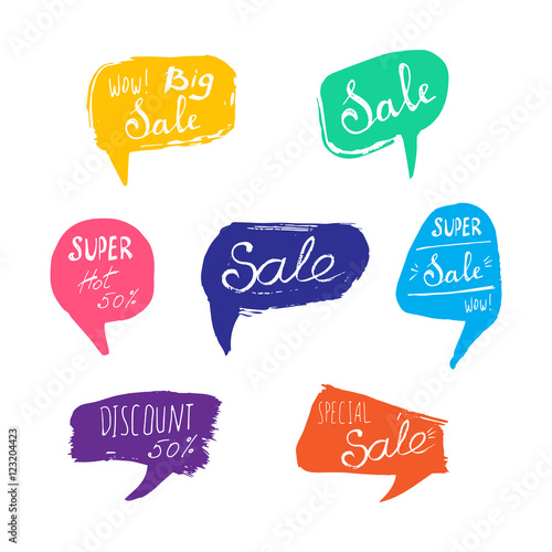 Discount card set of Sale. Hand drawn collection of labels and logos. Vector set of comic speech bubbles