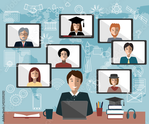 Online learning concept. Distance education student, teacher and group.