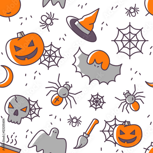 Halloween seamless pattern with outline icons. Vector Illustration. Colorful icons on white Backdrop. Pampkins, bat, skull, spiders and web on light background. Halloween Concept.
