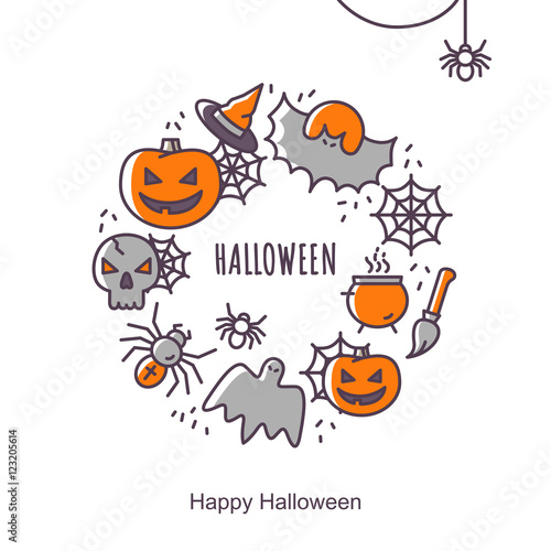 Halloween greeting card with outline icons. Vector Illustration. Colorful icons round shape composition on white Backdrop. Halloween Concept.
