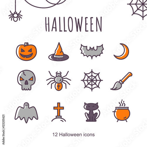 Set of Halloween outline icons. Vector Illustration. Cute color icons on white Backdrop. Halloween Concept.