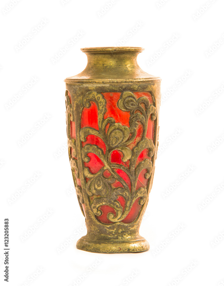 Antique vase engrave flower on white background