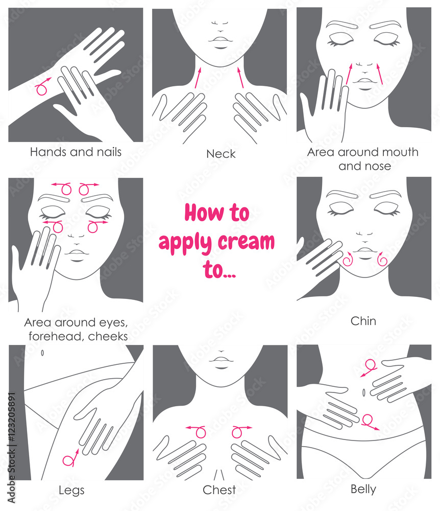 How to apply cream to the face, neck, hands, belly, legs. Design Stock