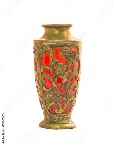 Antique vase engrave flower on white background